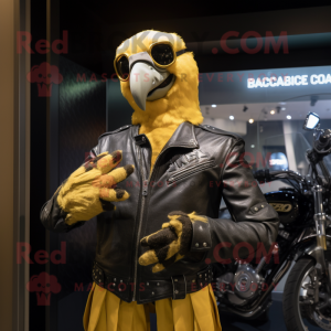 Gold Macaw mascot costume character dressed with a Biker Jacket and Mittens