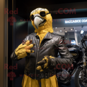 Gold Macaw mascot costume character dressed with a Biker Jacket and Mittens