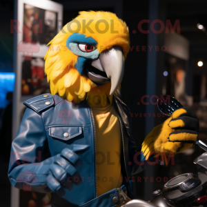 Gold Macaw mascot costume character dressed with a Biker Jacket and Mittens