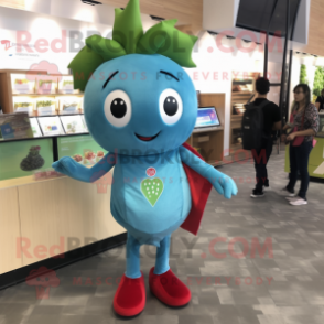 Turquoise Strawberry mascot costume character dressed with a Skinny Jeans and Coin purses