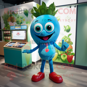 Turquoise Strawberry mascot costume character dressed with a Skinny Jeans and Coin purses