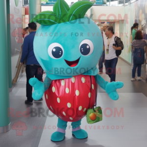 Turquoise Strawberry mascot costume character dressed with a Skinny Jeans and Coin purses