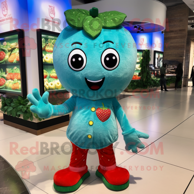 Turquoise Strawberry mascot costume character dressed with a Skinny Jeans and Coin purses