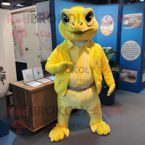 Lemon Yellow Sea Turtle mascot costume character dressed with a Oxford Shirt and Lapel pins