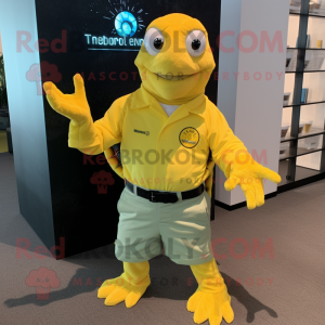 Lemon Yellow Sea Turtle mascot costume character dressed with a Oxford Shirt and Lapel pins