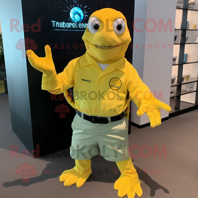 Lemon Yellow Sea Turtle mascot costume character dressed with a Oxford Shirt and Lapel pins Lemon Yellow Sea Turtle mascot costume character dressed with a Oxford Shirt and Lapel pins