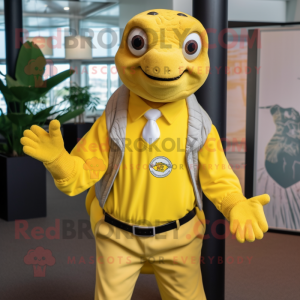 Lemon Yellow Sea Turtle mascot costume character dressed with a Oxford Shirt and Lapel pins