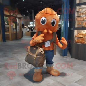 Rust Octopus mascot costume character dressed with a Overalls and Handbags