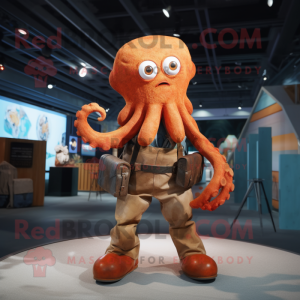 Rust Octopus mascot costume character dressed with a Overalls and Handbags