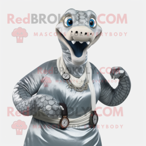 Silver Titanoboa mascot costume character dressed with a Blouse and Bracelet watches