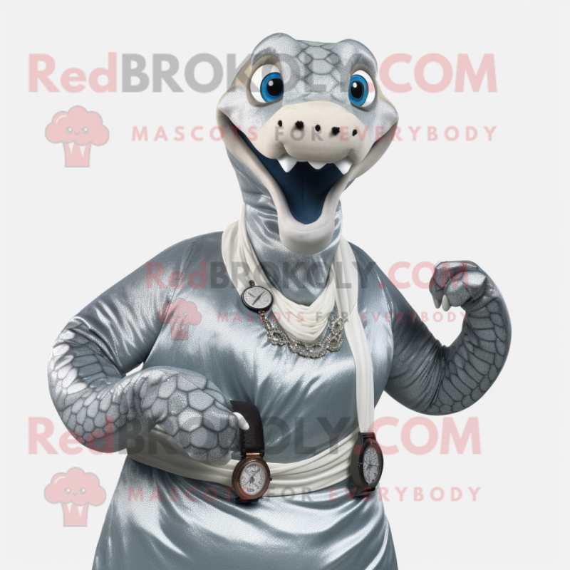 Silver Titanoboa mascot costume character dressed with a Blouse and Bracelet watches Silver Titanoboa mascot costume character dressed with a Blouse and Bracelet watches