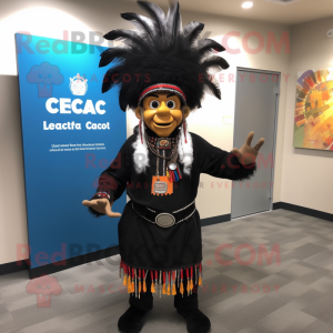 Black Chief mascot costume character dressed with a Vest and Hair clips