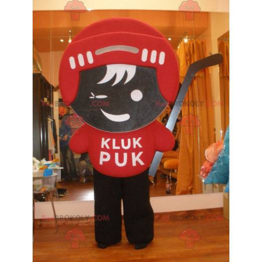 Hockeyspiller maskot i rødt og brunt antrekk - Redbrokoly.com