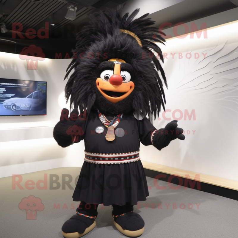 Black Chief mascot costume character dressed with a Vest and Hair clips Black Chief mascot costume character dressed with a Vest and Hair clips