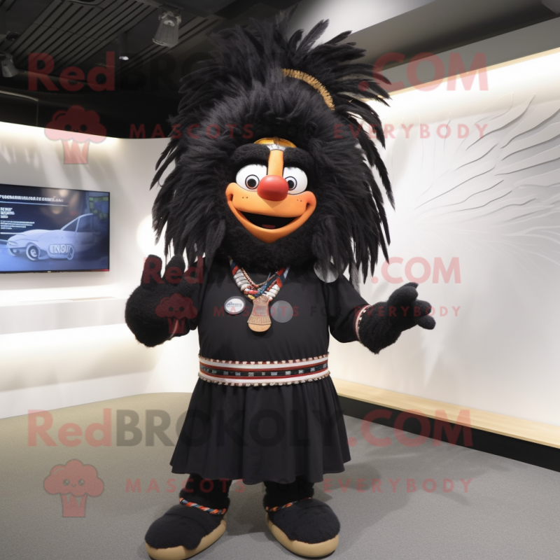 Black Chief mascot costume character dressed with a Vest and Hair clips