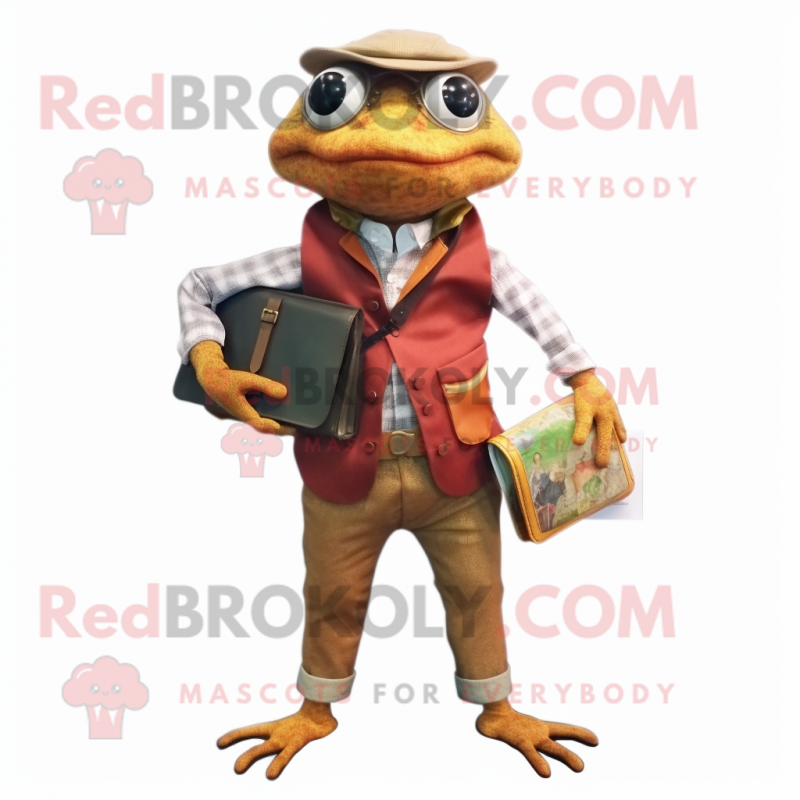 Rust Frog mascot costume character dressed with a Oxford Shirt and Wallets Rust Frog mascot costume character dressed with a Oxford Shirt and Wallets