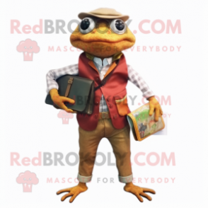 Rust Frog mascot costume character dressed with a Oxford Shirt and Wallets