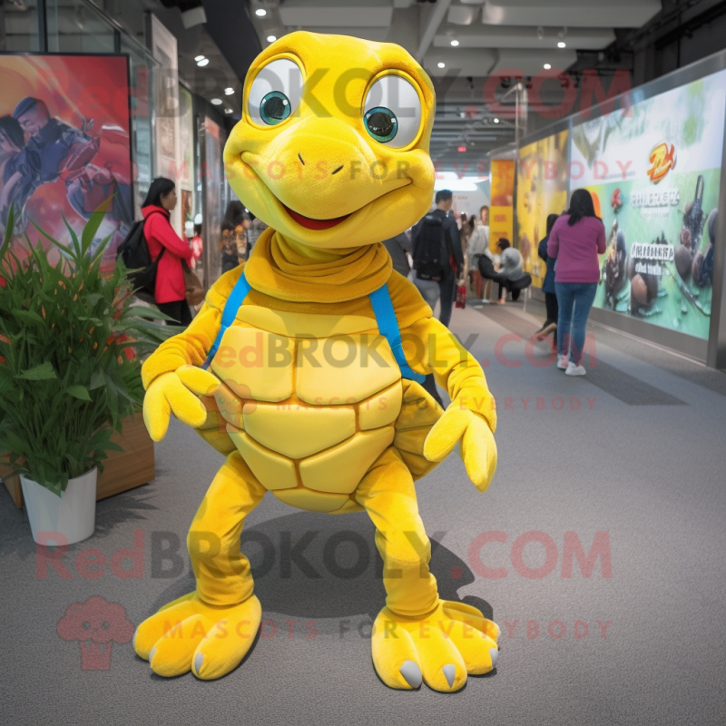 Yellow Sea Turtle mascot costume character dressed with a Skinny Jeans and Hairpins