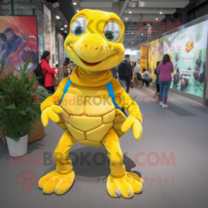 Yellow Sea Turtle mascot costume character dressed with a Skinny Jeans and Hairpins