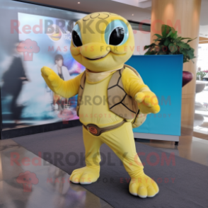 Yellow Sea Turtle mascot costume character dressed with a Skinny Jeans and Hairpins