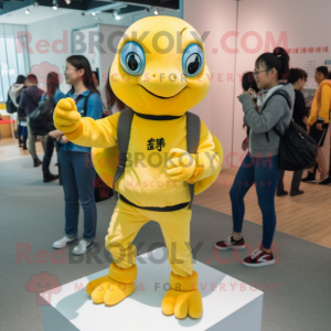 Yellow Sea Turtle mascot costume character dressed with a Skinny Jeans and Hairpins