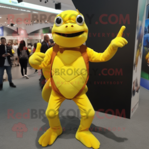 Yellow Sea Turtle mascot costume character dressed with a Skinny Jeans and Hairpins