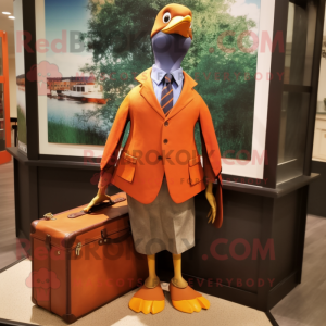 Orange Passenger Pigeon mascot costume character dressed with a Culottes and Briefcases