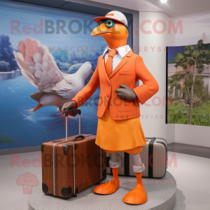 Orange Passenger Pigeon mascot costume character dressed with a Culottes and Briefcases