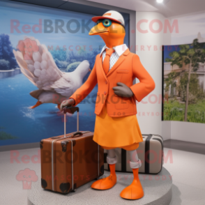 Orange Passenger Pigeon mascot costume character dressed with a Culottes and Briefcases