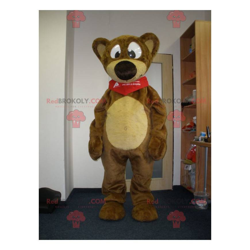 Mascote urso de pelúcia marrom e amarelo. urso Teddy -