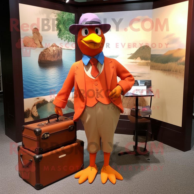 Orange Passenger Pigeon mascot costume character dressed with a Culottes and Briefcases