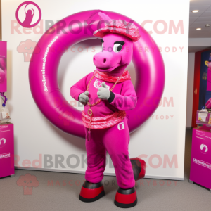 Magenta Horseshoe mascot costume character dressed with a Trousers and Necklaces