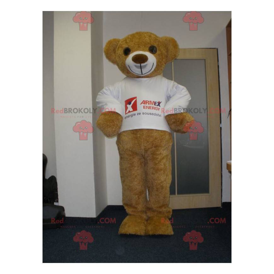 Very smiling beige teddy bear mascot - Redbrokoly.com