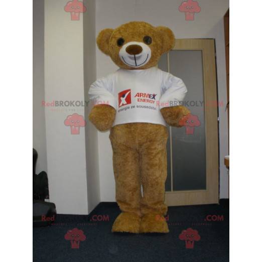 Very smiling beige teddy bear mascot - Redbrokoly.com