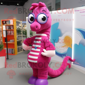 Magenta Sea Horse mascot costume character dressed with a Cardigan and Eyeglasses