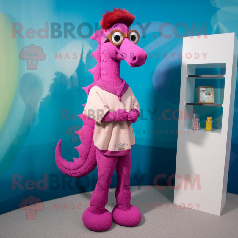 Magenta Sea Horse mascot costume character dressed with a Cardigan and Eyeglasses