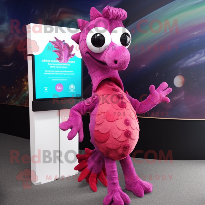 Magenta Sea Horse mascot costume character dressed with a Cardigan and Eyeglasses