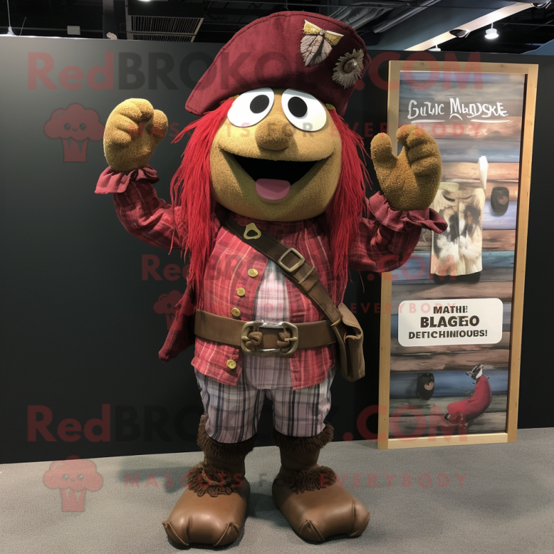 Maroon Pirate mascot costume character dressed with a Chambray Shirt and Beanies