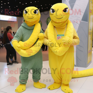 Lemon Yellow Anaconda mascot costume character dressed with a Boyfriend Jeans and Shawls