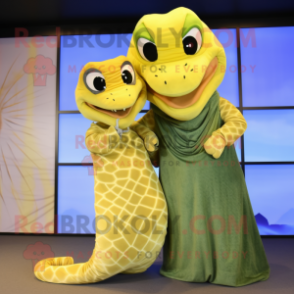 Lemon Yellow Anaconda mascot costume character dressed with a Boyfriend Jeans and Shawls