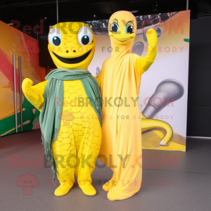 Lemon Yellow Anaconda mascot costume character dressed with a Boyfriend Jeans and Shawls