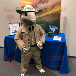 Tan Armadillo mascot costume character dressed with a Jacket and Pocket squares