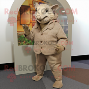 Tan Armadillo mascot costume character dressed with a Jacket and Pocket squares