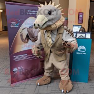 Tan Armadillo mascot costume character dressed with a Jacket and Pocket squares