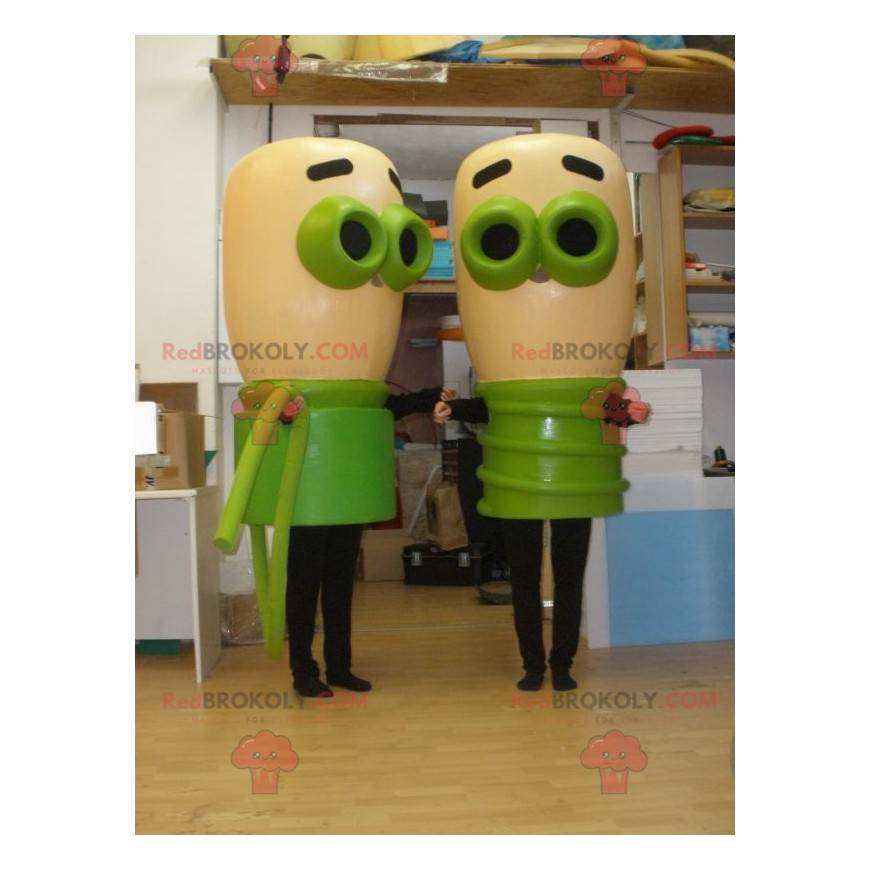 2 mascottes van beige en groene bollen. 2 bollen -