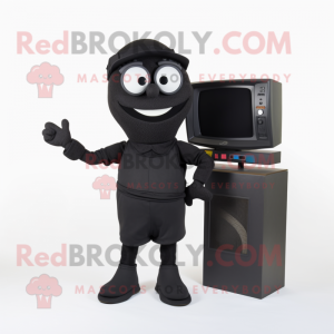 Black Television mascot costume character dressed with a Shorts and Clutch bags