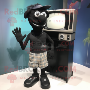 Black Television mascot costume character dressed with a Shorts and Clutch bags