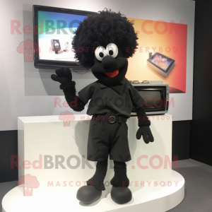 Black Television mascot costume character dressed with a Shorts and Clutch bags