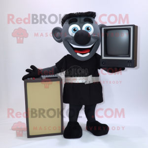 Black Television mascot costume character dressed with a Shorts and Clutch bags