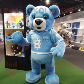 Sky Blue Teddy Bear mascot costume character dressed with a Rugby Shirt and Caps